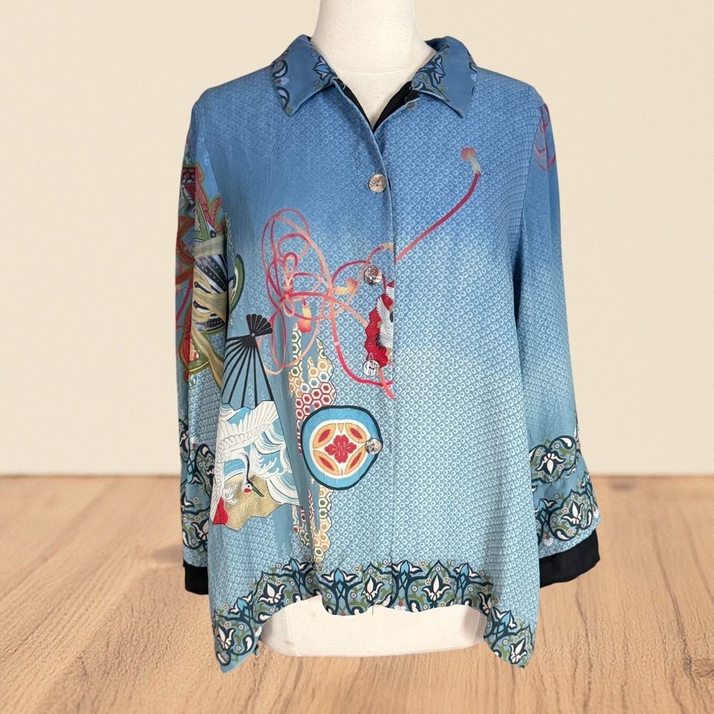 Citron Santa Monica 100% Silk Crane Print Blouse Top Sz L Denim Blue and Black - Picture 2 of 14